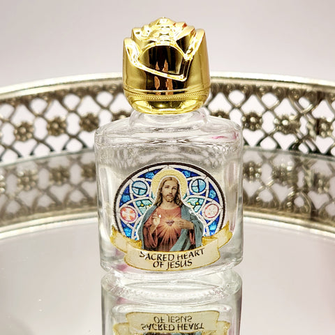 Catholic Sacred Heart Jesus Christ Glass Holy Water Bottle with Gold Lid