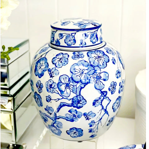 Blue & White Floral Design Ceramic Temple Jar