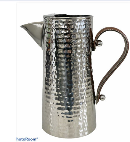 Silver Hammered Stainless Steel Water Jug Pitcher with Leather Handle- Small Size 2.25lt