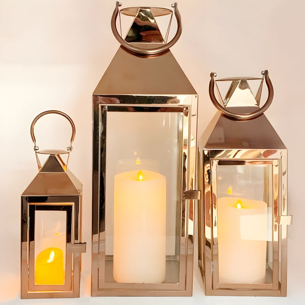 Set 3 large square rose gold frame and glass panels hurricane candle holder lantern with Handles Wedding Engagement home decor elegant