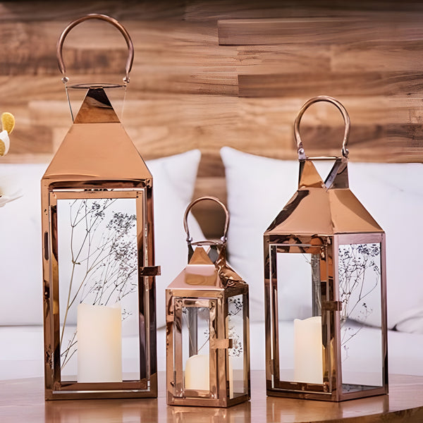 Set 3 large square rose gold frame and glass panels hurricane candle holder lantern with Handles Wedding Engagement home decor elegant