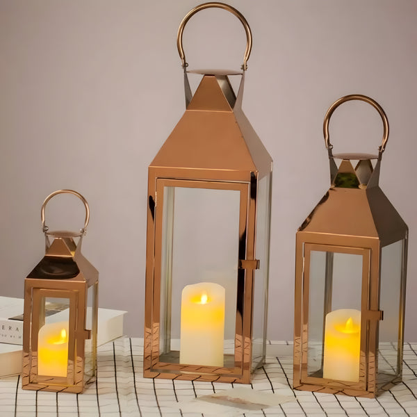Set 3 large square rose gold frame and glass panels hurricane candle holder lantern with Handles Wedding Engagement home decor elegant