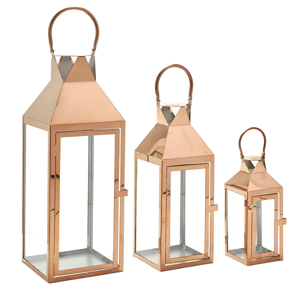 Set 3 large square rose gold frame and glass panels hurricane candle holder lantern with Handles Wedding Engagement home decor elegant