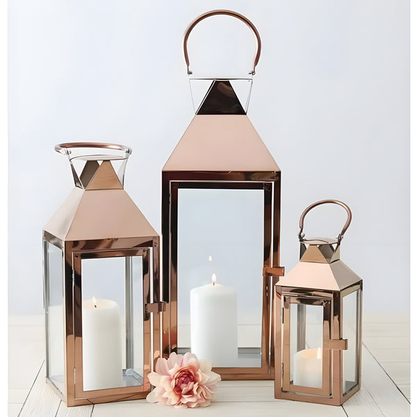 Set 3 large square rose gold frame and glass panels hurricane candle holder lantern with Handles Wedding Engagement home decor elegant
