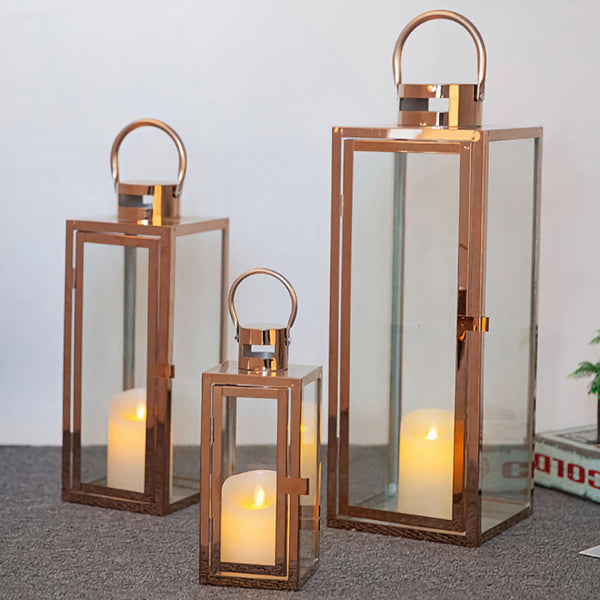 Set 3 large square rose gold frame and glass panels hurricane candle holder lantern with Handles Wedding Engagement home decor elegant