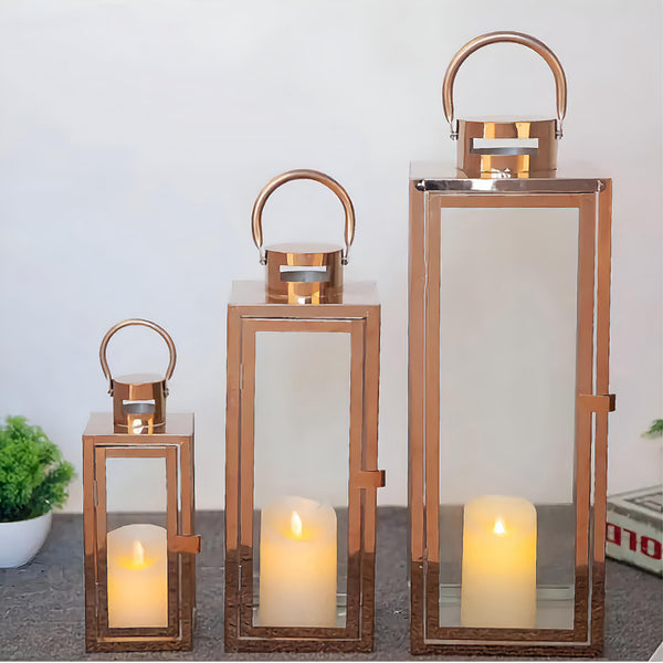 Set 3 large square rose gold frame and glass panels hurricane candle holder lantern with Handles Wedding Engagement home decor elegant