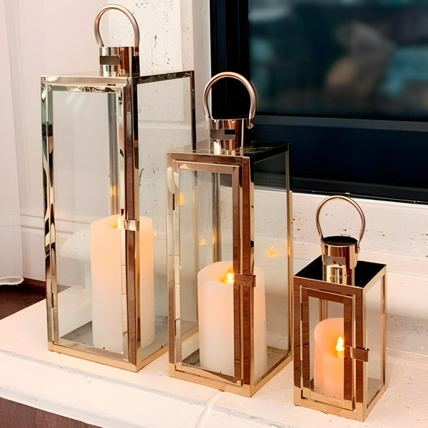 Set 3 large square rose gold frame and glass panels hurricane candle holder lantern with Handles Wedding Engagement home decor elegant