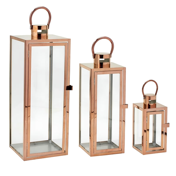 Set 3 large square rose gold frame and glass panels hurricane candle holder lantern with Handles Wedding Engagement home decor elegant