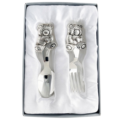 2 Piece Silver Plated Teddy Bear Design Baby Cutlery Fork & Spoon Set Gift