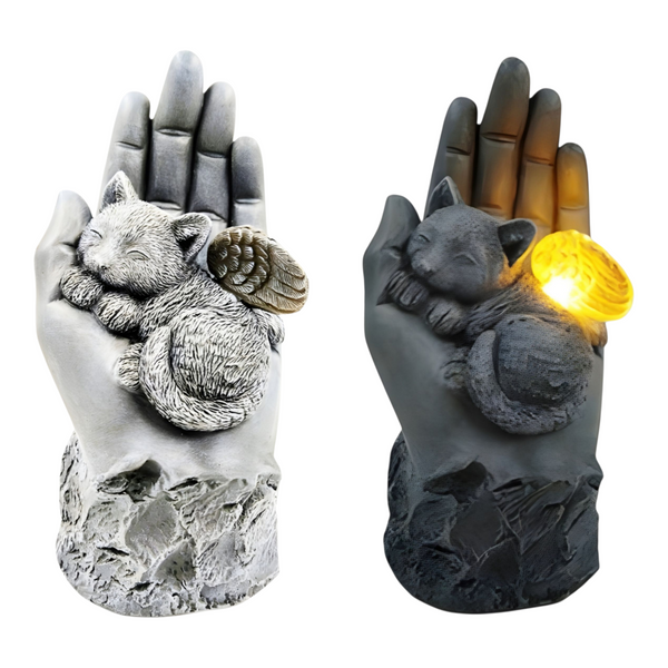 Cat Angel with Wings Sleeping In Hand Solar Light Garden Memorial Statue