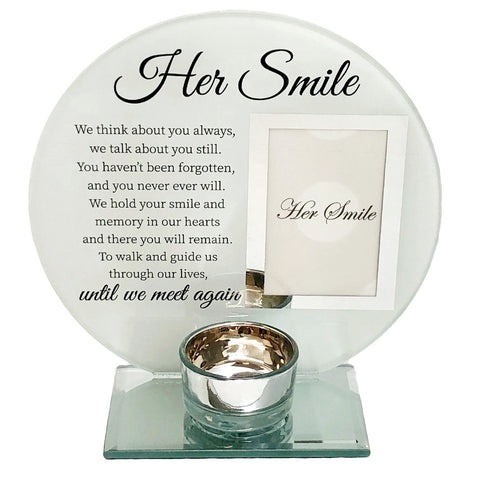 Her Smile Glass Photo Frame & Tealight Candle Holder Memorial Plaque Glass Photo Frame with Tea Light Holder - Her Smile Remembrance Keepsake tribute