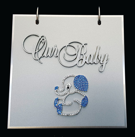 Silver Our Baby Boy Flip Photo Album with Blue Diamond Elephant Cover in Gift Box