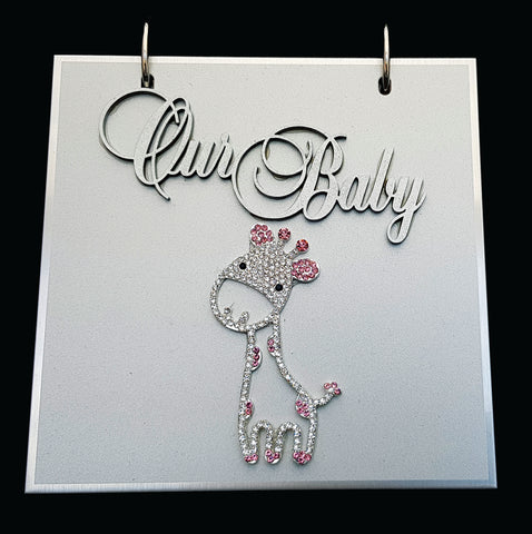 Silver Our Baby Girl Flip Photo Album with Pink Diamond Giraffe Cover in Gift Box