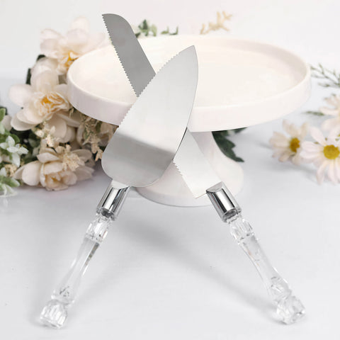 Wedding Bridal engagement Cake Server Knife Set stainless Steel blades and acrylic Clear Handle Gift Box