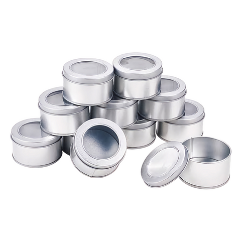 Set of 12 Round Silver Large Metal Tin Containers with Clear Top Window Lids Wedding Baptism christening Favours Gifts Bomboniere