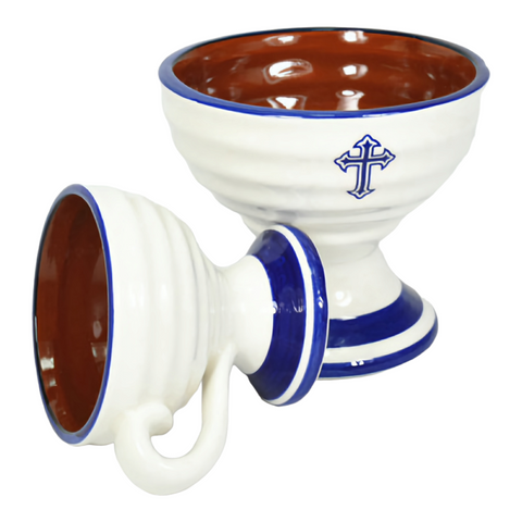 blue and White Orthodox Ceramic Incense Burner Kapnistiri Cup with Cross Sign and Handle Religious Home Blessing Cemetery