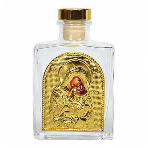 Gold Orthodox Holy Mother Mary & Jesus Christ Icon Glass Holy Water & Holy Oil Bottle with Gold Lid