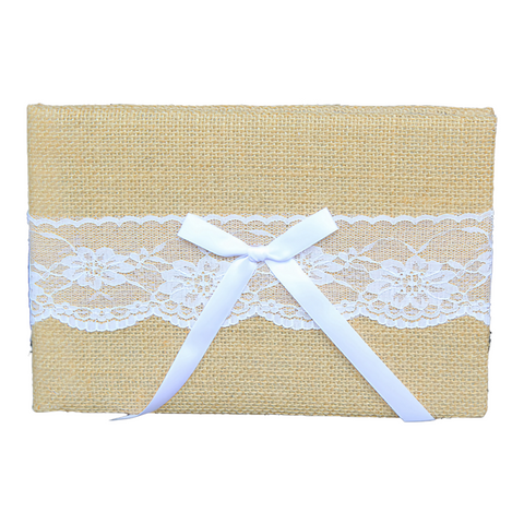 Hessian Burlap Wedding Guest Book with White Lace Trim & Ribbon Bow Burlap Guest Book Signing Album With White Lace Hessian Rustic Vintage Wedding
