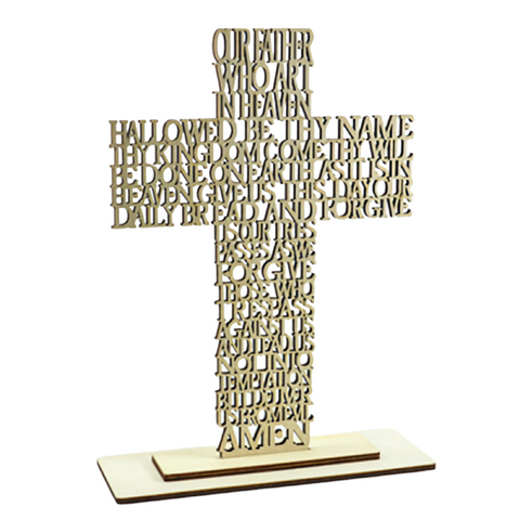 Wooden Religious Laser Cut The Lords Prayer Standing Cross on Base Stand religious laser cut writing prayer ornament plaque standing cross