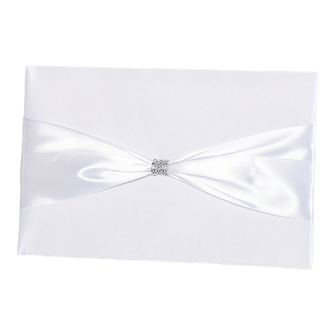 White Wedding Satin Cover Guest Book with  with Ribbon & Diamante Crystal Sparkly Clasp on Cover Signing Album