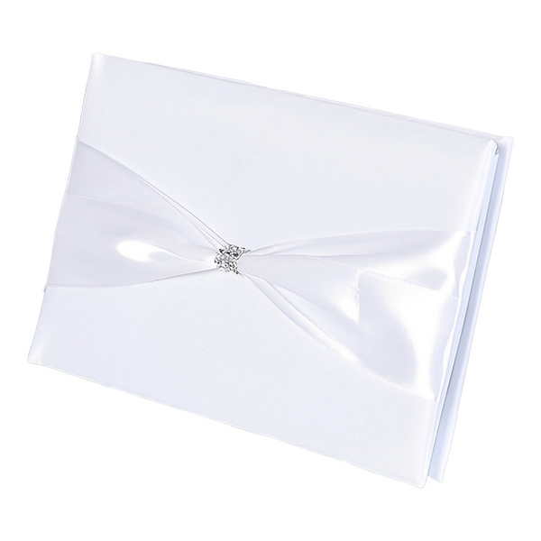 White Wedding Satin Cover Guest Book with  with Ribbon & Diamante Crystal Sparkly Clasp on Cover Signing Album