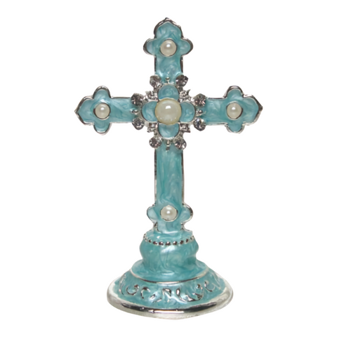 Mini Blue Enamel Standing Cross with Pearls & Diamante Crystals Favours Bomboniere Gifts