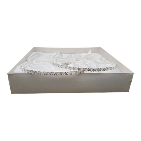 Set Diamante Stefana Crowns with Ribbon in White Satin Lined Box