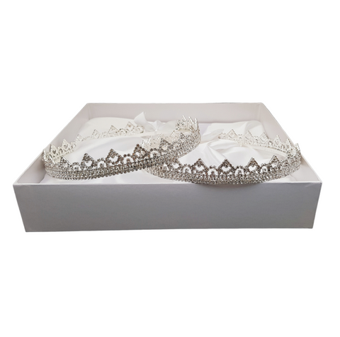 Set Royal Diamante Stefana Crowns with Ribbon in White Satin Lined Box
