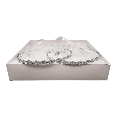 Set Diamante Stefana Crowns with Ribbons in White Satin Lined Box