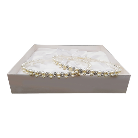 Set Diamante & Pearl Stefana Crowns with Ribbons in White Satin Lined Box