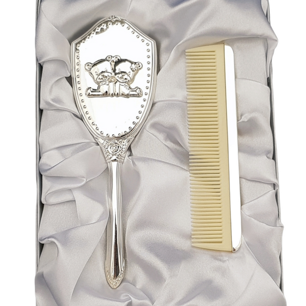 2 Piece Silver Plated Shiny Teddy Bear Baby Brush & Comb Gift Set in Satin Box
