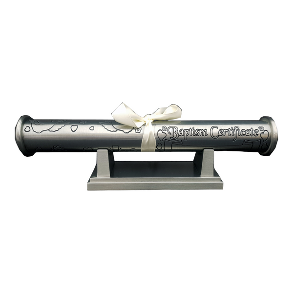 Silver Pewter Baby Baptism Certificate Holder & Stand in Satin Gift Box