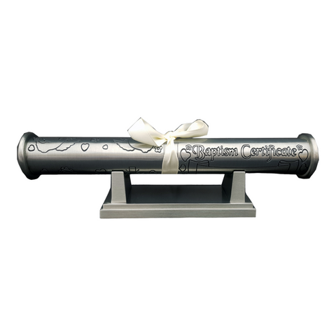 Silver Pewter Baptism Certificate Holder & Stand in Satin Gift Box