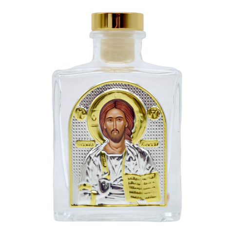 Gold Orthodox Holy Jesus Christ Icon Glass Holy Water & Holy Oil Bottle with Gold Lid