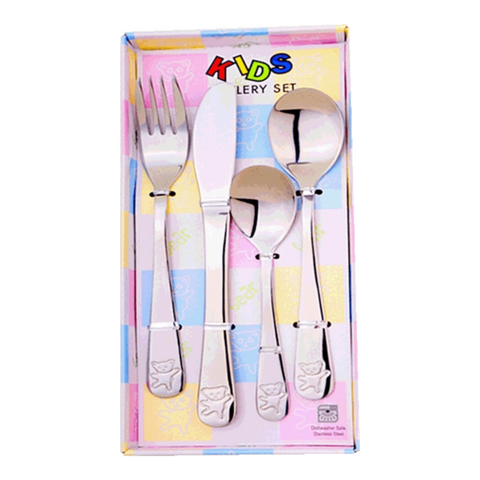 4 Piece Silver Shiny Baby children's Cutlery Teddy Bear Design Gift Set Set of 4 Stainless Steel baby cutlery with knife fork and 2 spoons