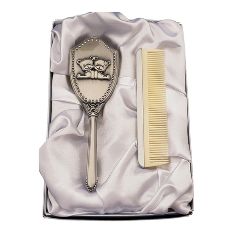 2 Piece Silver Pewter Teddy Bear Baby Brush & Comb Gift Set in Satin Box