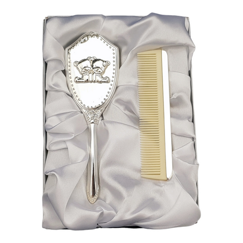 2 Piece Silver Plated Shiny Teddy Bear Baby Brush & Comb Gift Set in Satin Box