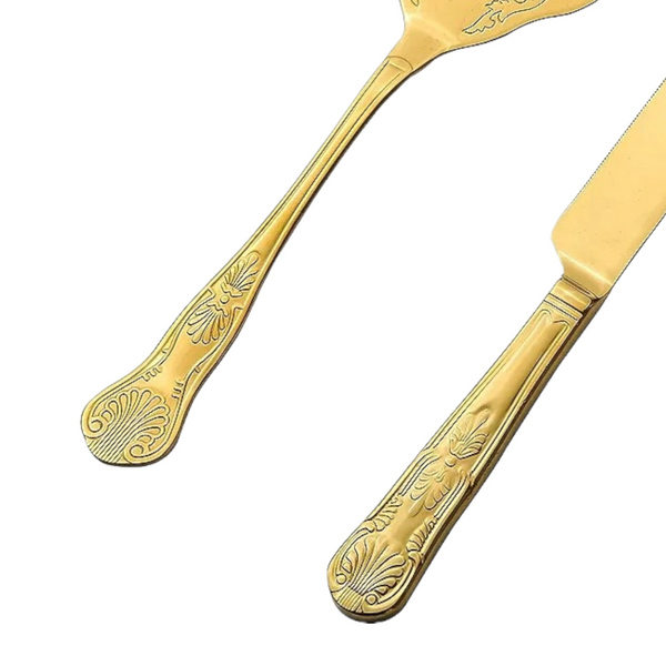 gold Wedding Bridal engagement Cake Server Knife Set stainless Steel blades with diamond engraved ornate handles Handle Gift Box