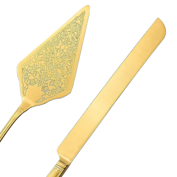 gold Wedding Bridal engagement Cake Server Knife Set stainless Steel blades with diamond engraved ornate handles Handle Gift Box