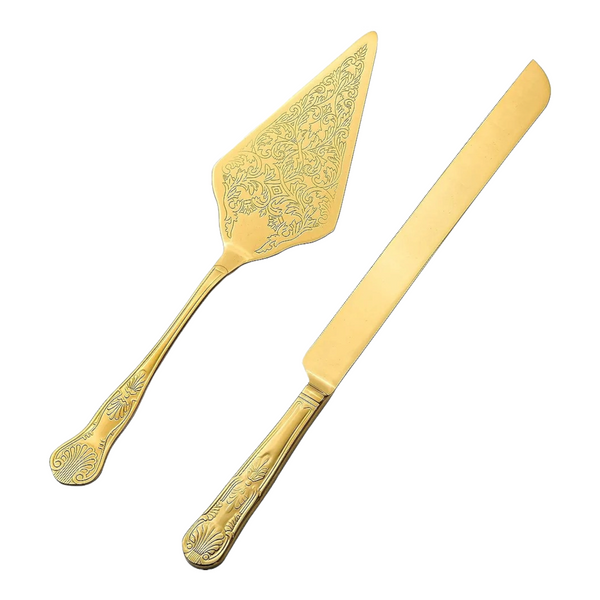 gold Wedding Bridal engagement Cake Server Knife Set stainless Steel blades with diamond engraved ornate handles Handle Gift Box
