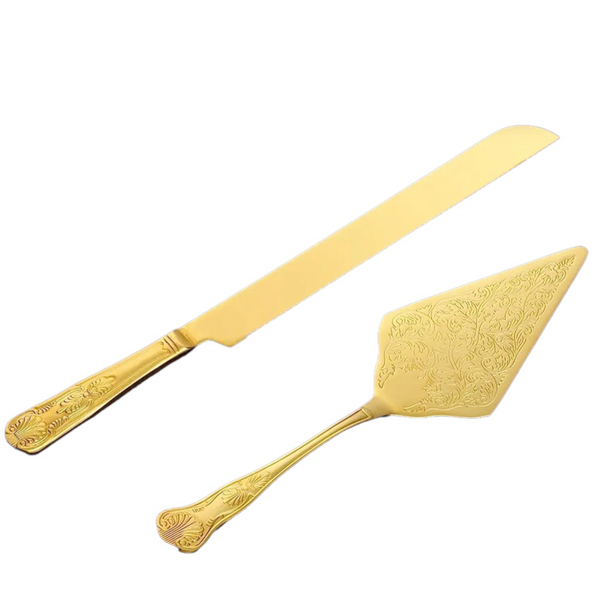 gold Wedding Bridal engagement Cake Server Knife Set stainless Steel blades with diamond engraved ornate handles Handle Gift Box
