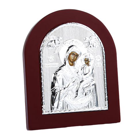 Religious Orthodox Silver Plated Holy Virgin Mother Mary & Jesus Christ Icon Plaque with Red Wood Frame