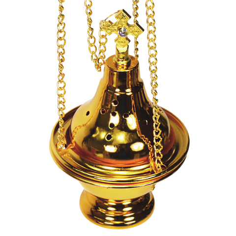 Orthodox Gold Round Hanging Religious Incense Burner with Crystal Cross Top