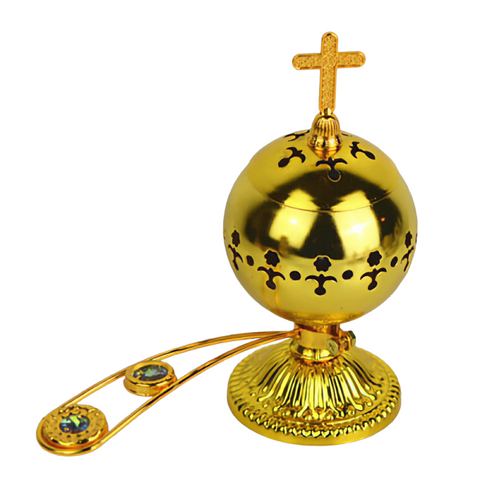 Orthodox Gold Round Religious Incense Burner with Crystal Cross Top & Handle