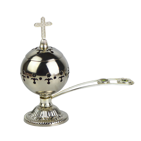 Orthodox Silver Round Religious Incense Burner with Crystal Cross Top & Handle