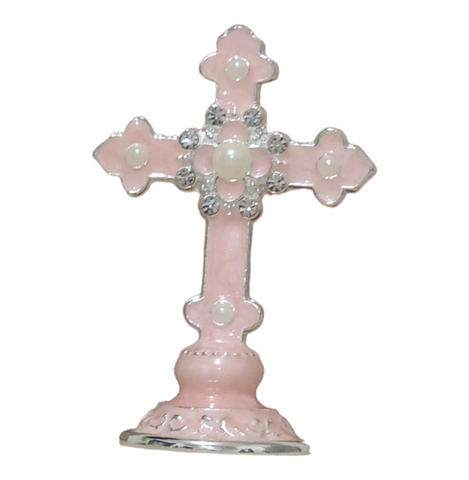 Mini Pink Enamel Standing Cross with Pearls & Diamante Crystals Favours Bomboniere Gifts