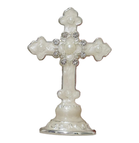 Mini White Enamel Standing Cross with Pearl & Diamante Crystals Favours Bomboniere Gifts
