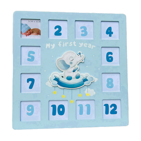 Elephant Blue Baby Boy My First Year Square Multi Photo Frame collage Blue Baby Boys First 12 Months Multi Photo Frame Blue Baby Boy Photo Frame & Elephant Motif Nursery Newborn Baby Shower Gift wood wooden