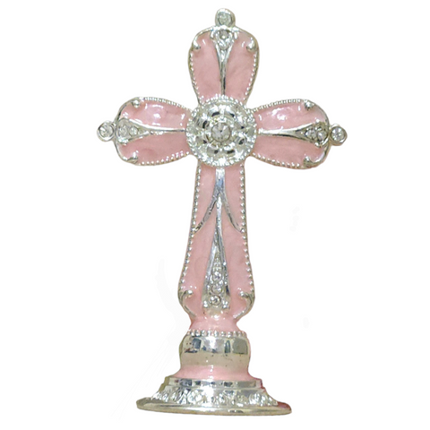 Mini Pink Enamel Standing Cross with Diamante Crystals Favours Bomboniere Gifts
