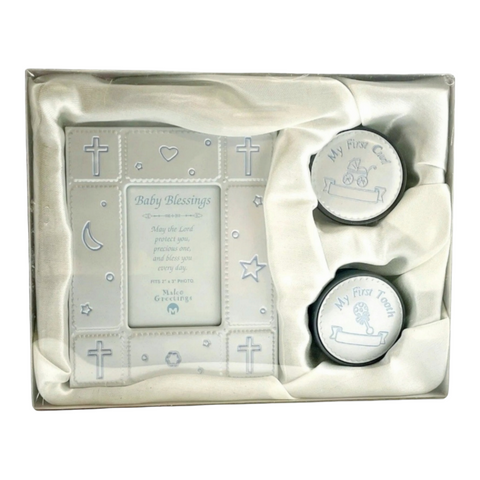 3 Piece Blue Baby Blessings Photo Frame, My First Tooth & My First Curl Keepsake Set